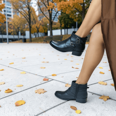 Coturno Feminino em Couro Legítimo com 4 Fivelas, Salto Bloco Confortável e Zíper Lateral - 1588