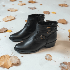 Coturno Feminino em Couro Legítimo com 4 Fivelas, Salto Bloco Confortável e Zíper Lateral - 1588