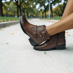 Coturno Feminino em Couro Legítimo com 4 Fivelas, Salto Bloco Confortável e Zíper Lateral - 1588