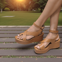 Anabela de Couro Legítimo com Design Cruzado e Fivela na Lateral -5155