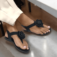 SANDALIA RASTEIRA EM COURO LEGITIMO COM FLOR E ELASTICO -45510
